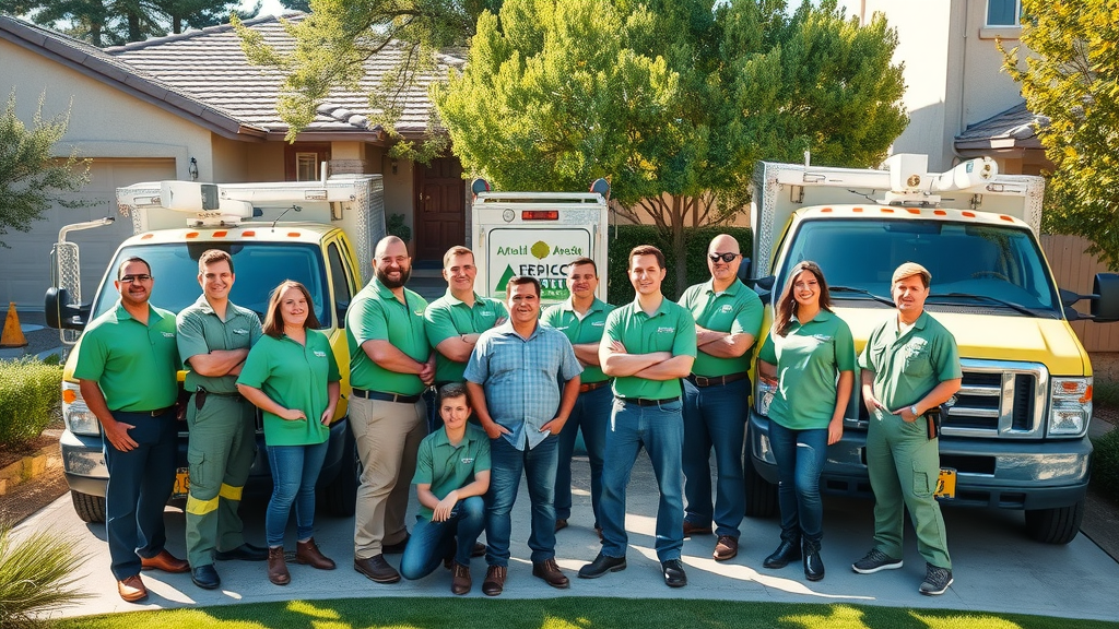 Denver tree service professionals smiling in front of branded trucks