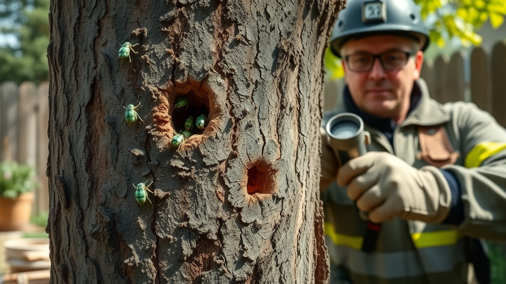 Arborist inspects diseased ash tree for tree removal in Denver