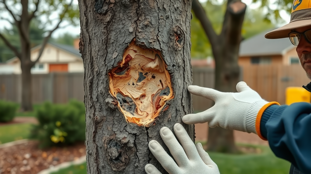 Close-up of diseased Denver tree trunk with visible ash borer damage, homeowner and arborist examining, photorealistic macro