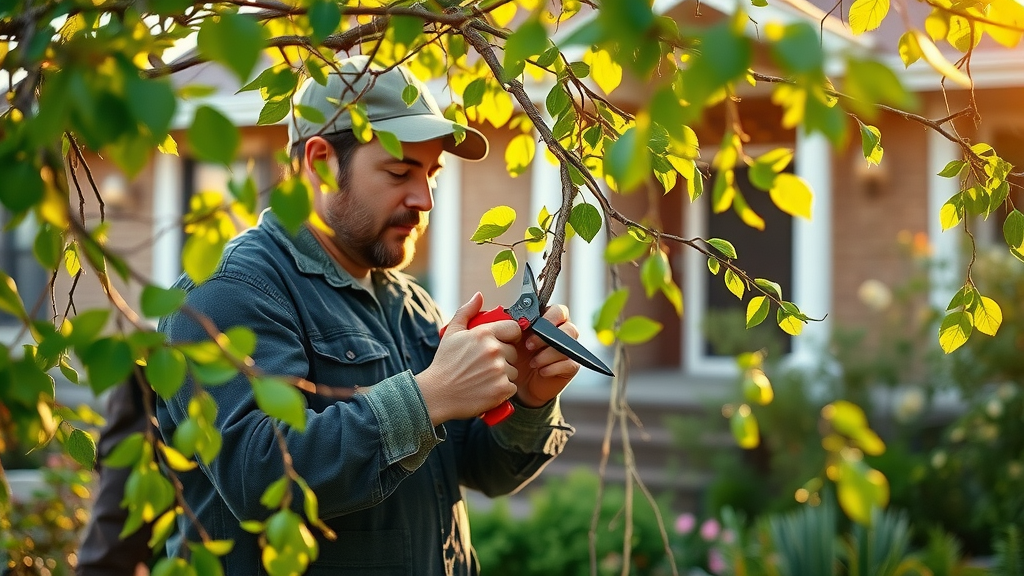 Expert arborist performing precise pruning on a mature Denver tree, photorealistic spring front yard, 50mm lens