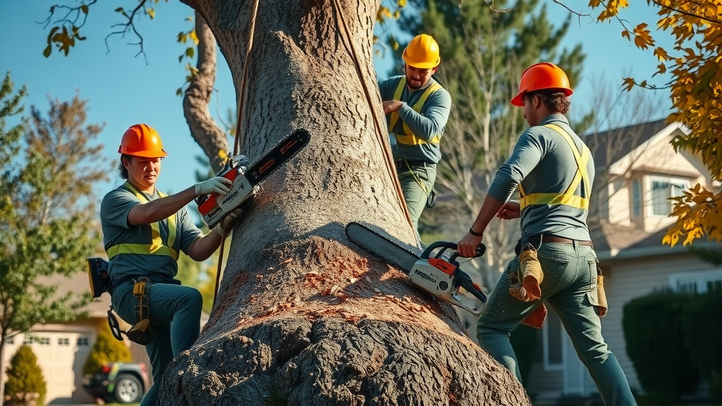 Skilled tree removal team cutting a large tree in Denver yard for safe debris removal, photorealistic, 85mm lens