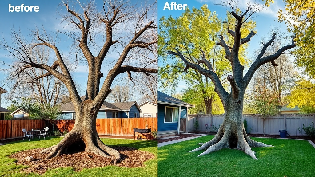 Before and after tree cutting Denver CO—dangerous dead tree removal, safe play yard, photorealistic wide shot