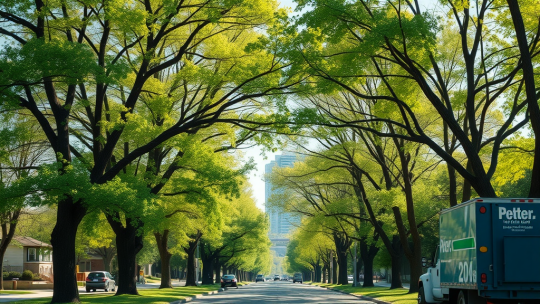 A sunny street lined with tall, leafy trees forming a canopy over the road. Cars are parked along the sides, and a green delivery truck is driving down the street. Urban buildings are visible in the distant background.