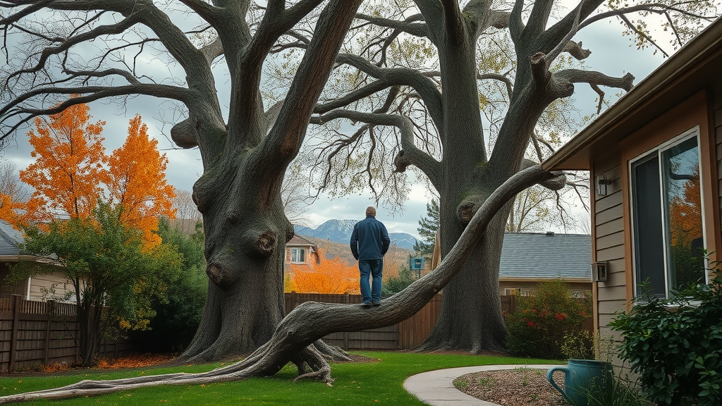 Overgrown trees near a Denver home during storm season - tree cutting Denver CO residential dangers, photorealistic autumn scene