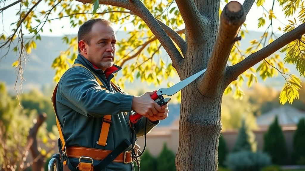 Professional arborist providing tree trimming and pruning Denver, plant health, Denver tree care, healthy branches, residential landscaping, metro Denver, mountain backdrop, safety gear, photorealistic, high detail