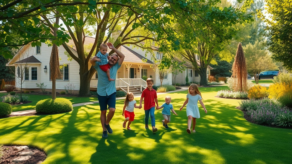 denver tree care: healthy, well-maintained yard with trees, family outdoors, safe and peaceful atmosphere