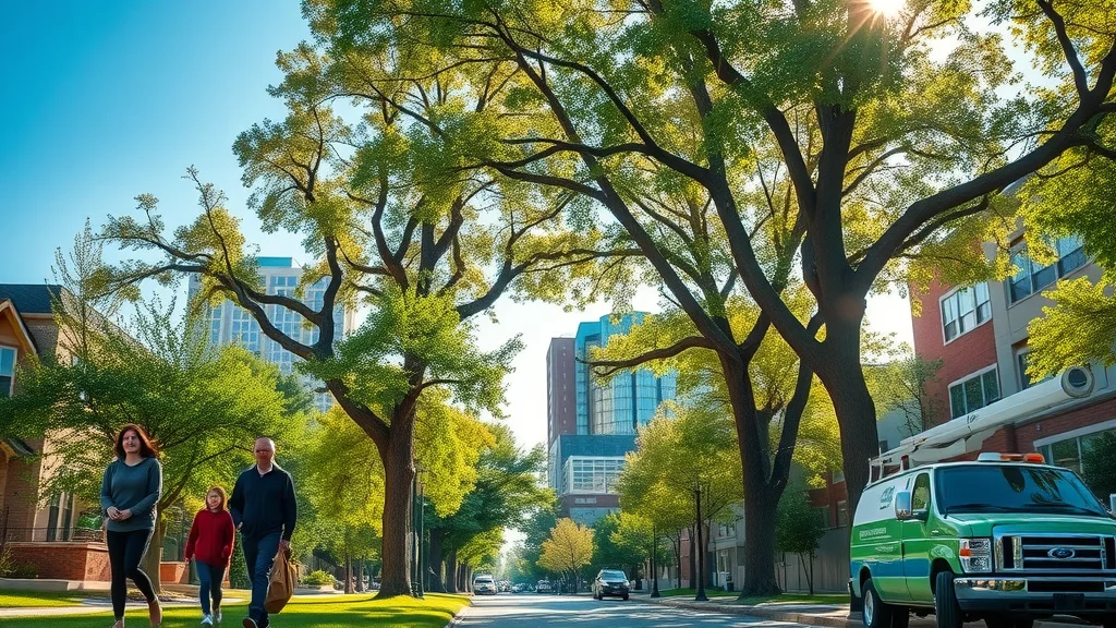 Denver cityscape with urban trees, community members, and professional tree service truck, highlighting buying tree service in denver co
