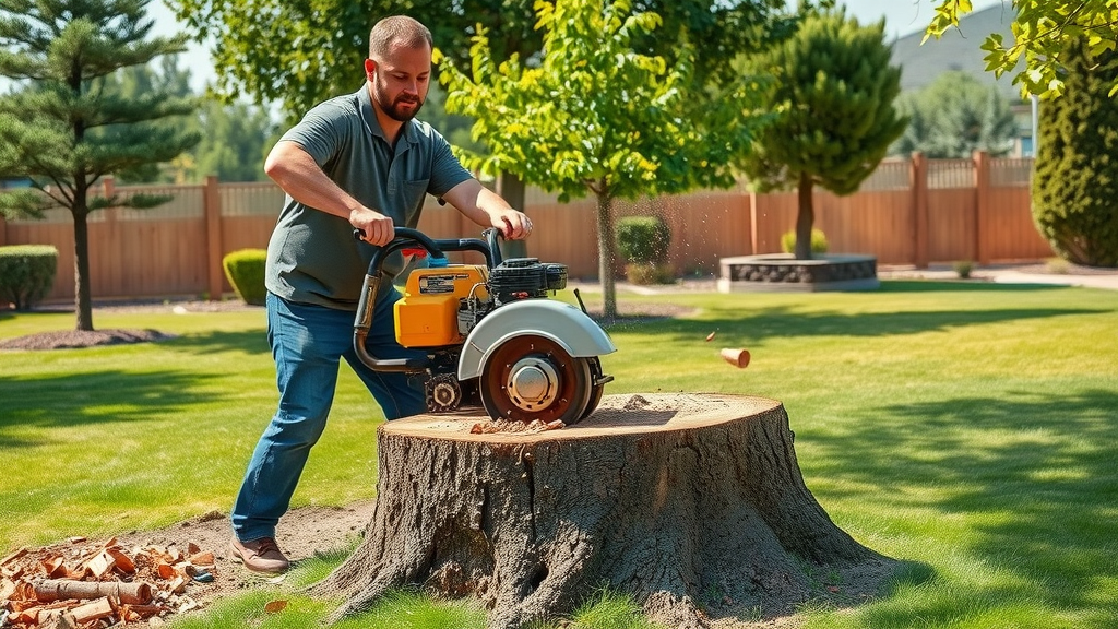 stump grinding Denver - Tree expert operating grinder, spraying wood chips in Denver yard