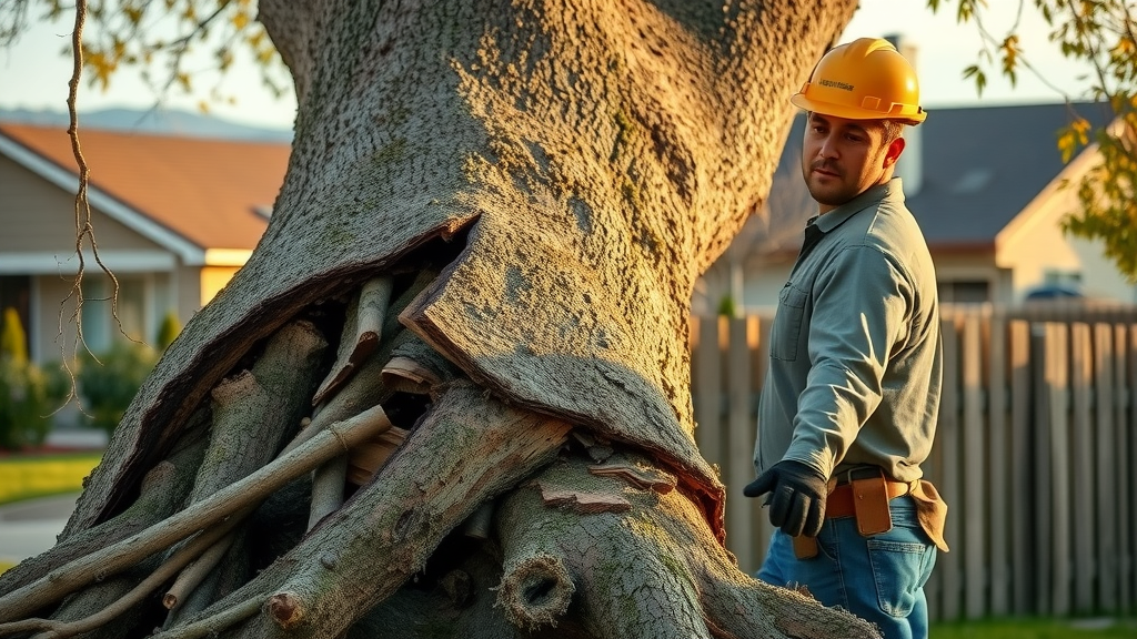 certified arborist emergency tree removal denver: inspecting cracked and uprooted tree after wind; safety helmet, gloves, damaged fence, Rocky Mountains in background