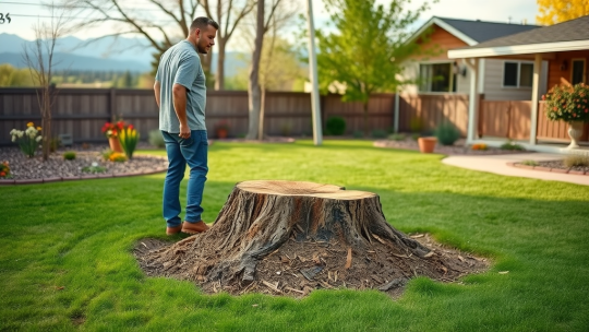A man stands on a lawn in a backyard, looking at a large tree stump—perhaps considering tree removal. The green, well-kept yard features flowers, trees, and a house with a porch, typical of homes in Denver, CO.