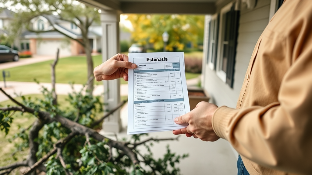 emergency tree removal denver: homeowner receiving estimate from certified arborist, pointing at checklist, large fallen branch in Denver neighborhood