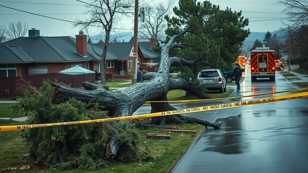 emergency tree removal denver: fallen tree storm damage in residential Denver neighborhood, emergency vehicles nearby, anxious homeowners, rainy conditions