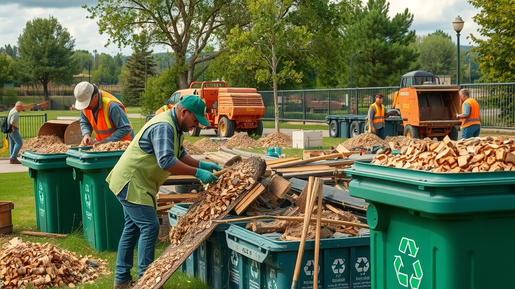 Eco-conscious wood recycling at Denver tree removal site, workers sorting and chipping, photorealistic environmental focus, 35mm lens