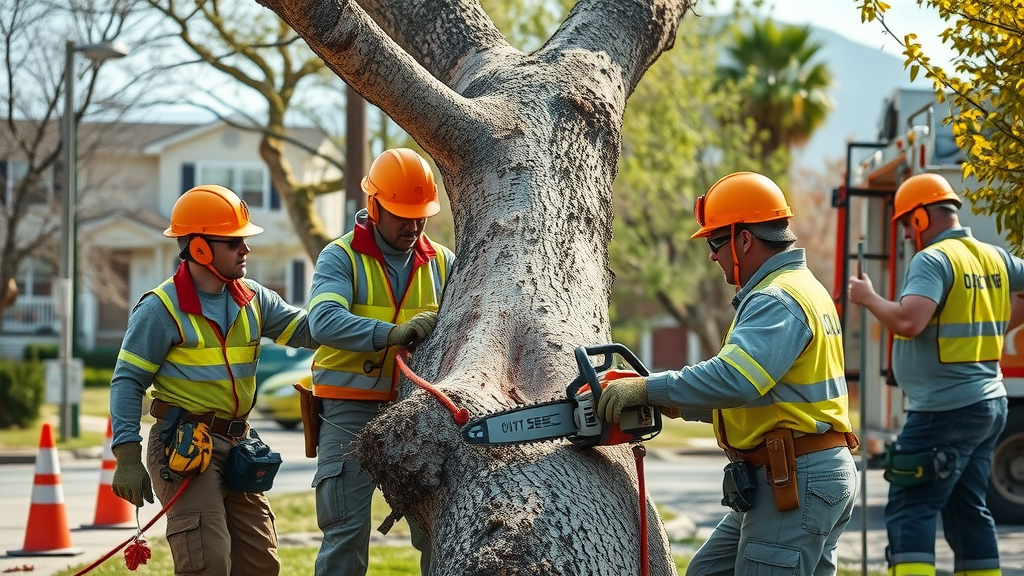 professional tree removal denver: certified arborists in high-visibility gear, removing tree sections, safety equipment, sawdust in air, tidy residential street