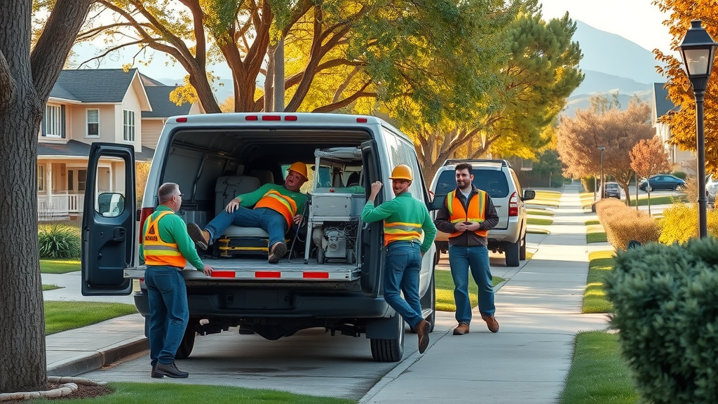 Denver-based tree care crew arriving at customer’s home for expert service, photorealistic, equipment, urban backdrop, 24-70mm lens