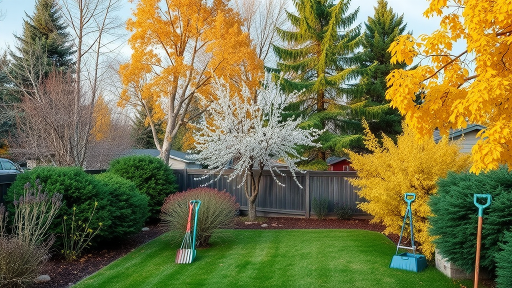 Seasonal Denver backyard, tree trimming and pruning Denver, healthy deciduous and evergreen trees, pest control, plant health, snow, fall foliage, garden tools, metro Denver plant health care, high realism
