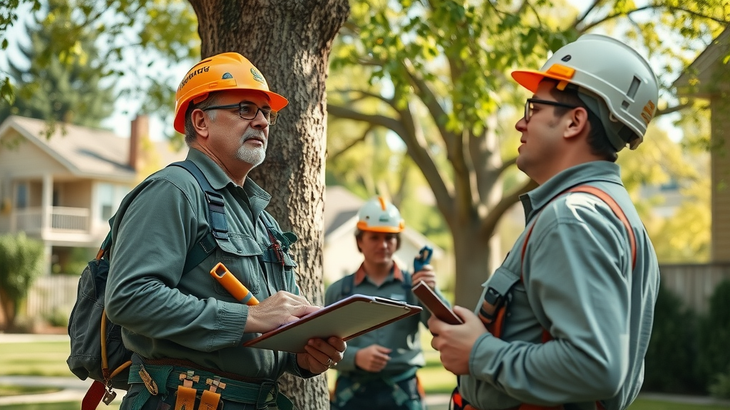 Professional arborists inspecting a large tree for Denver tree removal services, photorealistic, sunny residential Denver yard, 50mm prime lens