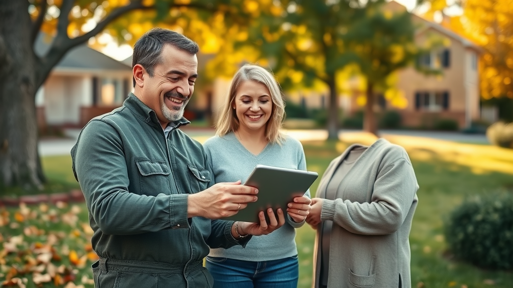 Friendly Denver tree care specialist, tree trimming and pruning Denver, free estimate, autumn trees, digital tablet consultation, plant health, high detail, warm colors, homeowner smiling, metro Denver