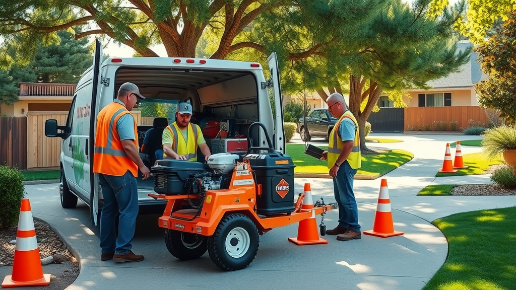 stump grinding Denver - Crew preparing stump grinding equipment with safety gear in Denver driveway