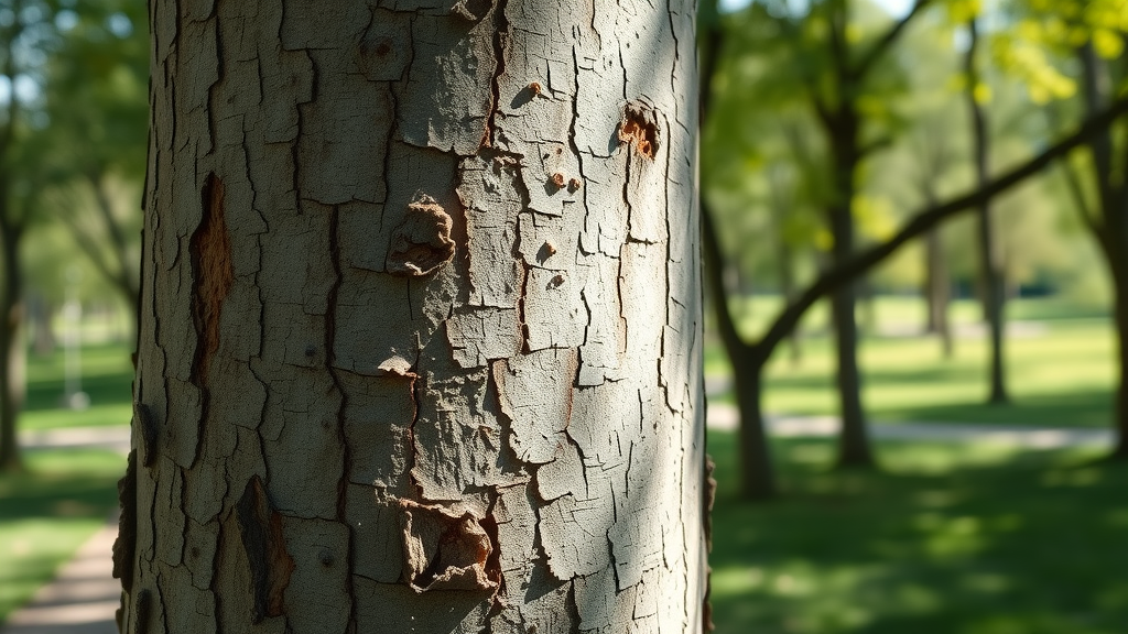 Close-up of healthy ash tree trunk, emerald ash borer evidence, plant health, metro Denver park, detailed bark texture, pest control efforts, sunlight, macro lens