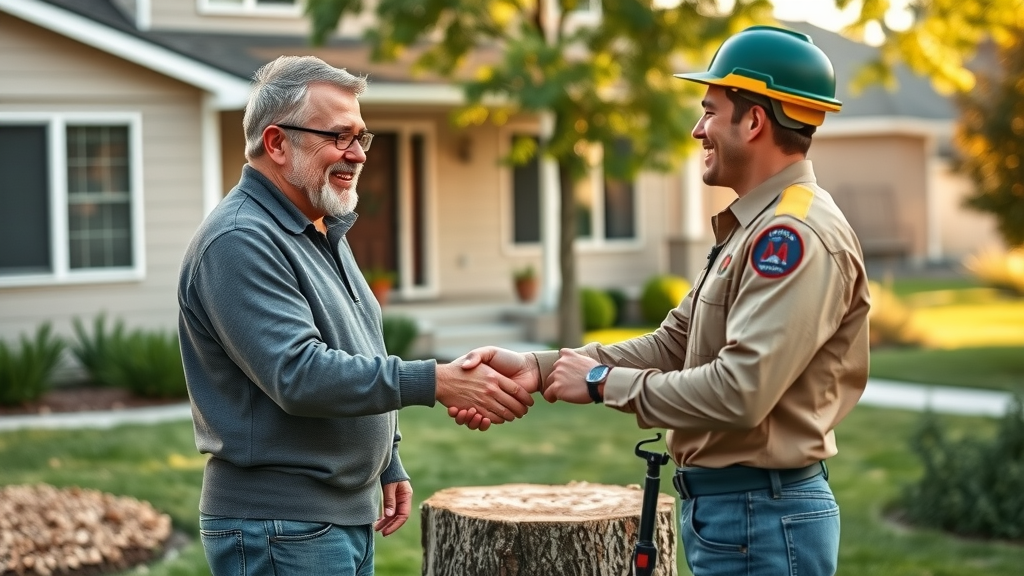 stump grinding Denver - Homeowner shaking hands with arborist after stump removal in Denver front yard