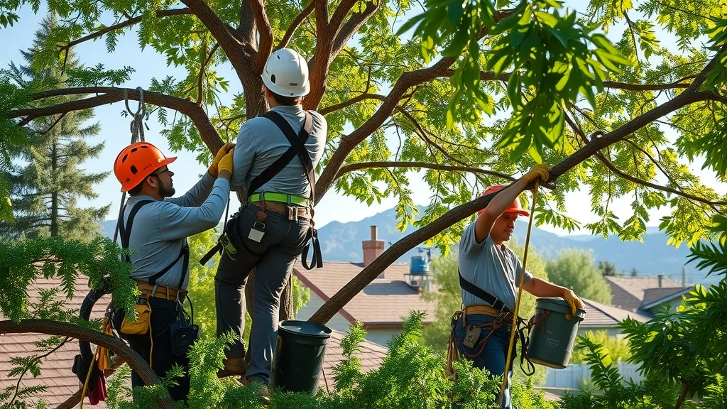 Professional arborists performing tree trimming in Denver, showing tree service business excellence