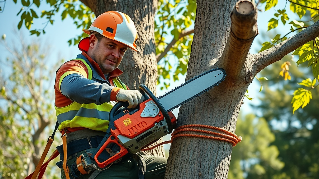 Dramatic residential Denver backyard with hazardous trees—tree cutting Denver CO safety concern, photorealistic storm prep scene