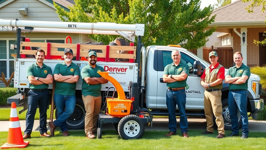 Denver tree care team, tree trimming, stump grinding, certified arborist, service in Denver, company uniforms, utility truck, chipping machine, metro Denver suburban landscape, vivid colors, safe work practices