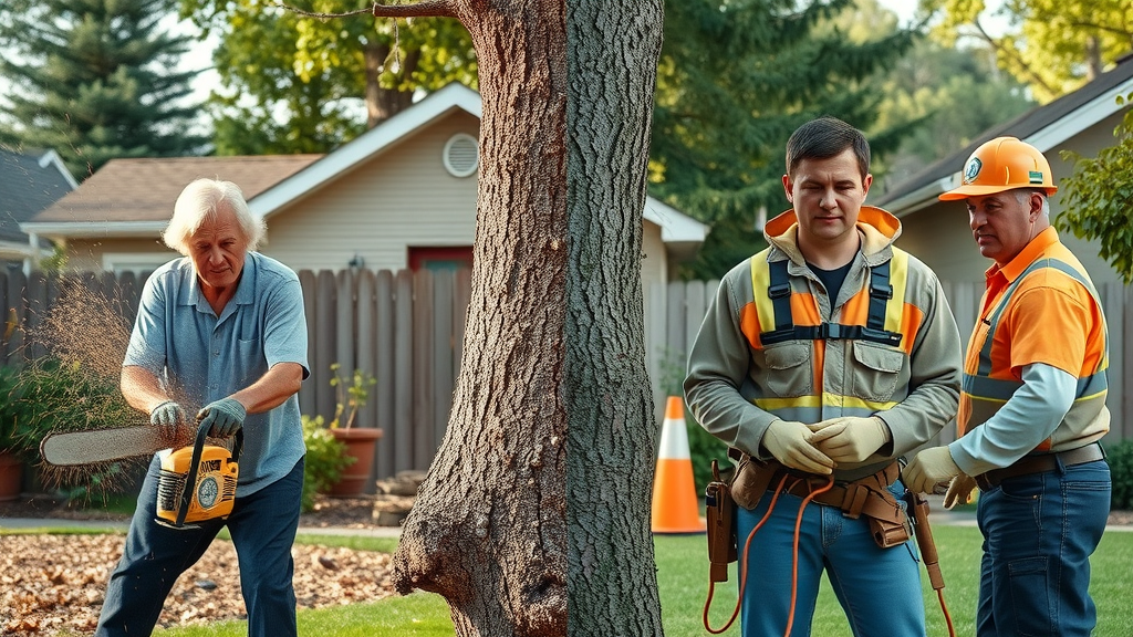 Safe tree removal techniques shown as a photorealistic split-scene: unsafe tree cutting contrasted with calm professionals equipped for safe removal in the same backyard.