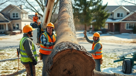 Three workers in safety gear and orange vests cut a large fallen tree in a suburban neighborhood, with houses and snow patches visible in the background.