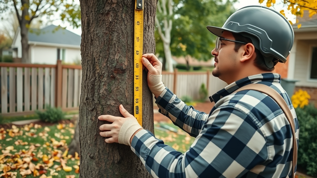 Professional arborist measuring tree in Denver backyard – assessing tree size and branches for removal cost Denver CO.