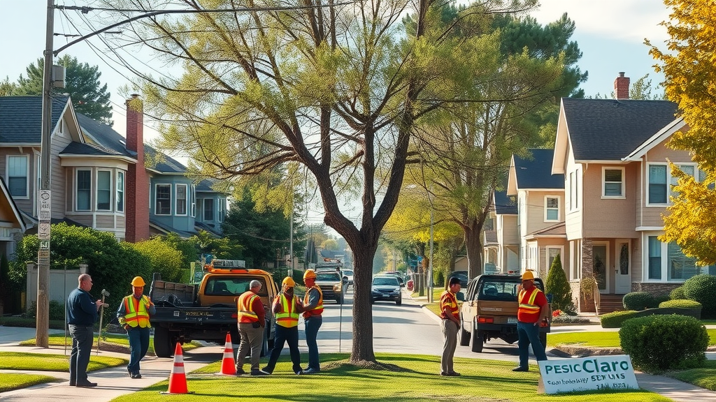 Utility workers in orange safety vests and helmets stand near traffic cones on a residential street, with houses and trees lining both sides. A service truck is parked nearby, and a sign is posted on a front lawn.