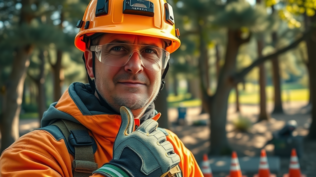 Safe tree removal techniques shown as a detailed close-up of professional arborist safety gear—helmet, goggles, gloves, cut-resistant jacket, photorealistic with bright safety colors and textured gear.