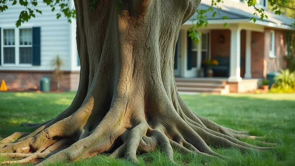 Safe tree removal techniques highlighted as a homeowner inspects a mature tree close to their house for dangerous cracked roots, photorealistic with house foundation and garden in focus, cool green and blue tones.
