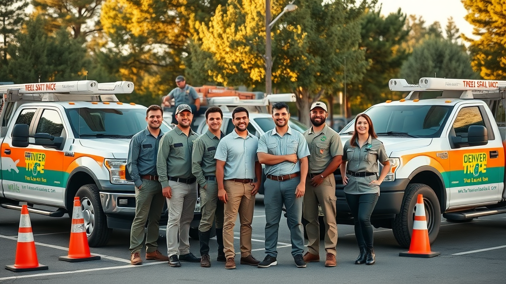 Welcoming Denver tree service team with branded trucks and safety gear, representing a trusted provider for affordable tree removal Denver