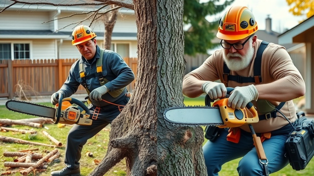 Denver tree service crew with safety equipment vs. homeowner attempting DIY, illustrating the importance of professional tree care in affordable tree removal Denver