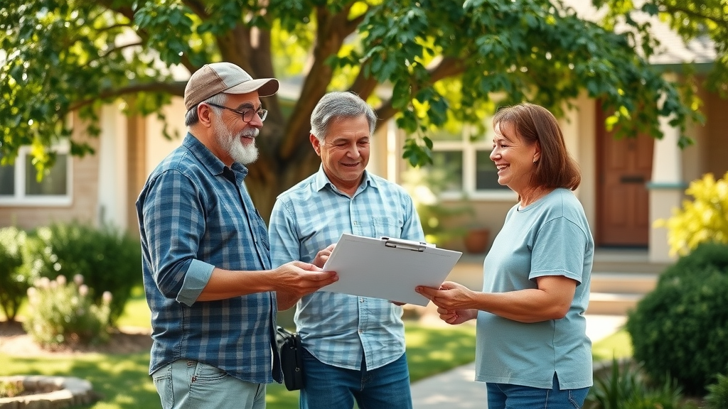 Denver homeowner getting a free estimate from professional tree removal service – reviewing clipboard and cost details.