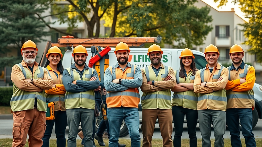 Safe tree removal techniques in Denver: professional, welcoming removal service crew with branded gear, tools, urban neighborhood setting, photorealistic with pops of orange and green.