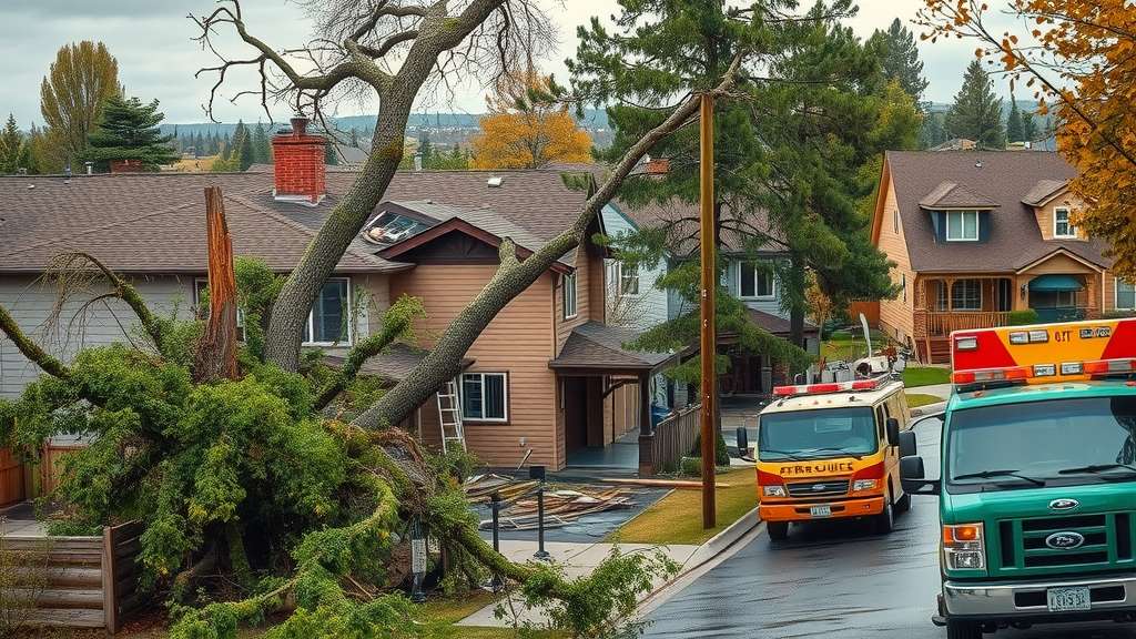 Safe tree removal techniques shown as a Denver neighborhood with a fallen tree damaging a rooftop—homeowner pointing out damage, emergency vehicles arriving, debris scattered, photorealistic with sharp details, earthy colors.