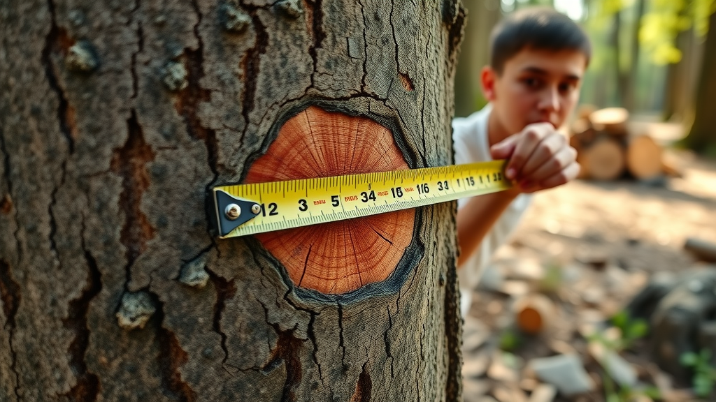 Safe tree removal techniques: detailed photorealistic closeup of a marked notch on tree trunk, hand holding tape, teaching the 90 15 5 rule in context.