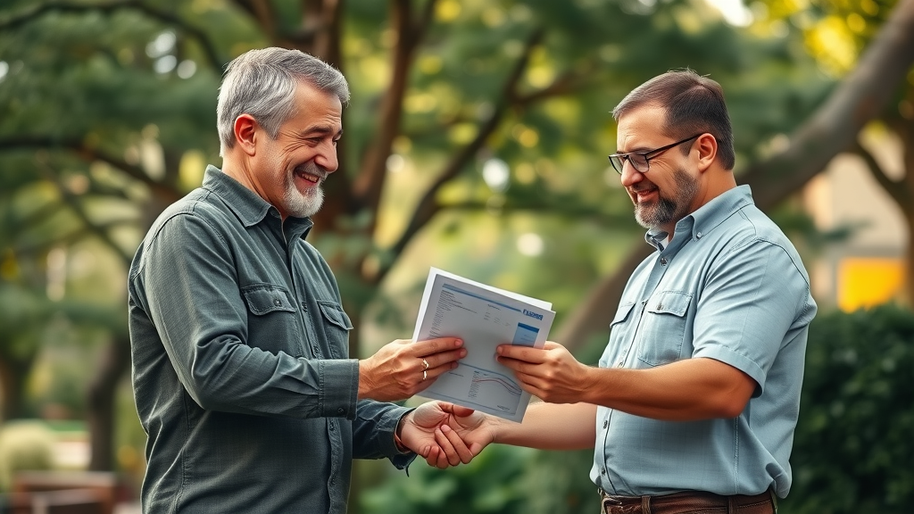 Homeowner and tree removal expert in Denver discussing a written estimate for tree removal