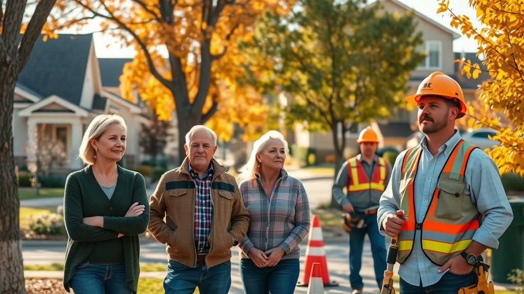 Inviting Denver residential neighborhood with mature trees and a professional tree removal crew preparing the work area - affordable tree removal Denver