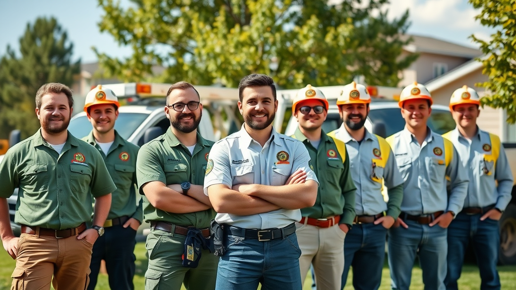 Professional tree removal service crew in Denver – uniformed team with equipment, credentials, and safety awards at jobsite.