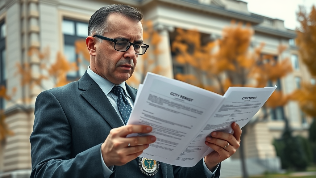 City official reviewing tree permits outside Denver city hall—regulations for licensed tree removal contractors Denver