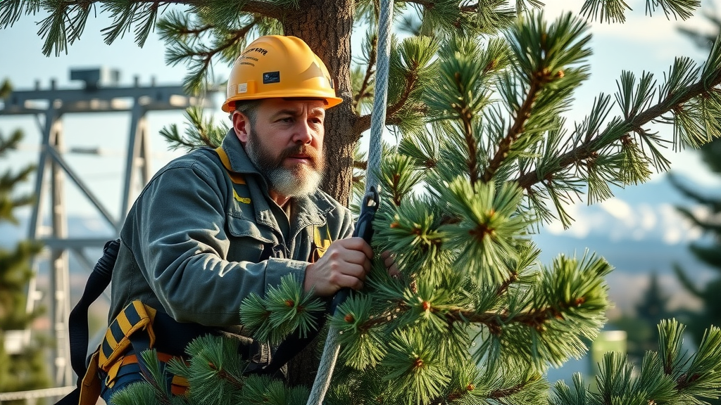 Certified arborist climbing a Colorado blue spruce in Denver backyard, showing professional tree care and affordable tree removal Denver