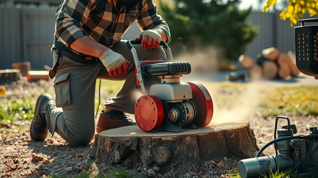 Stump removal as part of safe tree removal techniques: professional uses stump grinder, flying wood chips, landscaped yard background, photorealistic with rich detail.