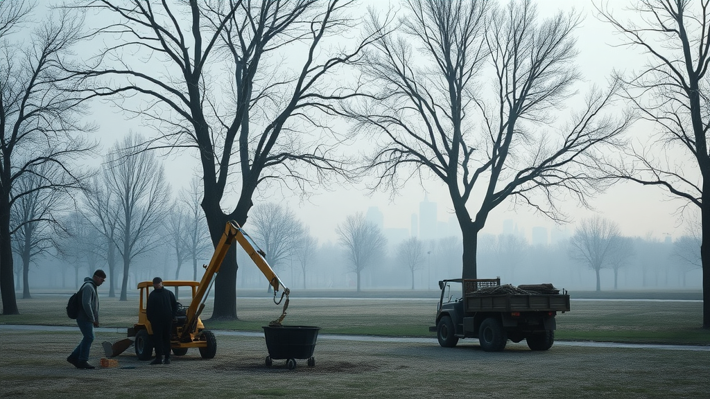 Early spring morning in Denver park with workers prepping for tree removal - highlighting the affordable tree removal Denver off-season