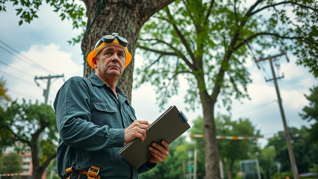 Tree removal safety steps: arborist surveys large tree near power lines, clipboard in hand, marked drop zone in city park, photorealistic with safety tape and blue-green colors.