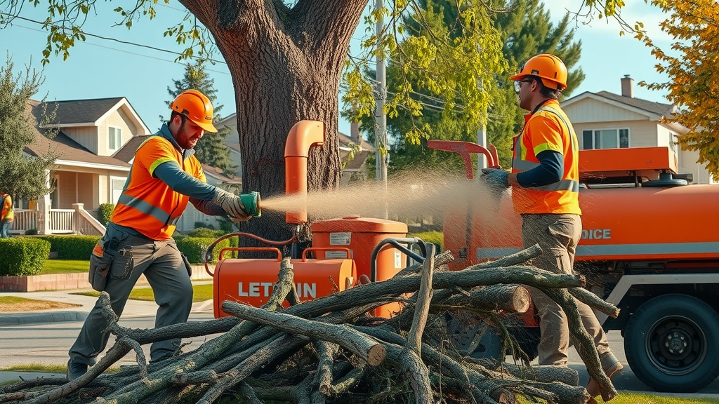 Professional tree removal service in Denver – crew using wood chipper to clear medium-sized tree, demonstrating removal cost and equipment needed.