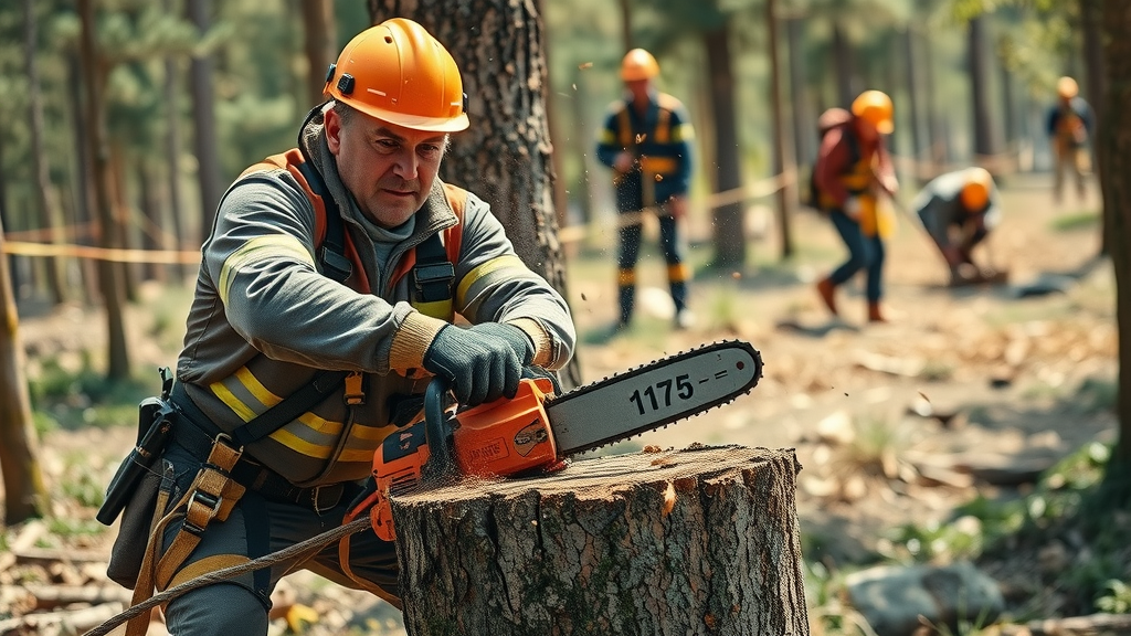 Safe tree removal techniques: experienced worker felling tree, safety gear on, chainsaw in action, falling branches, motion blur, photorealistic with earth tones.